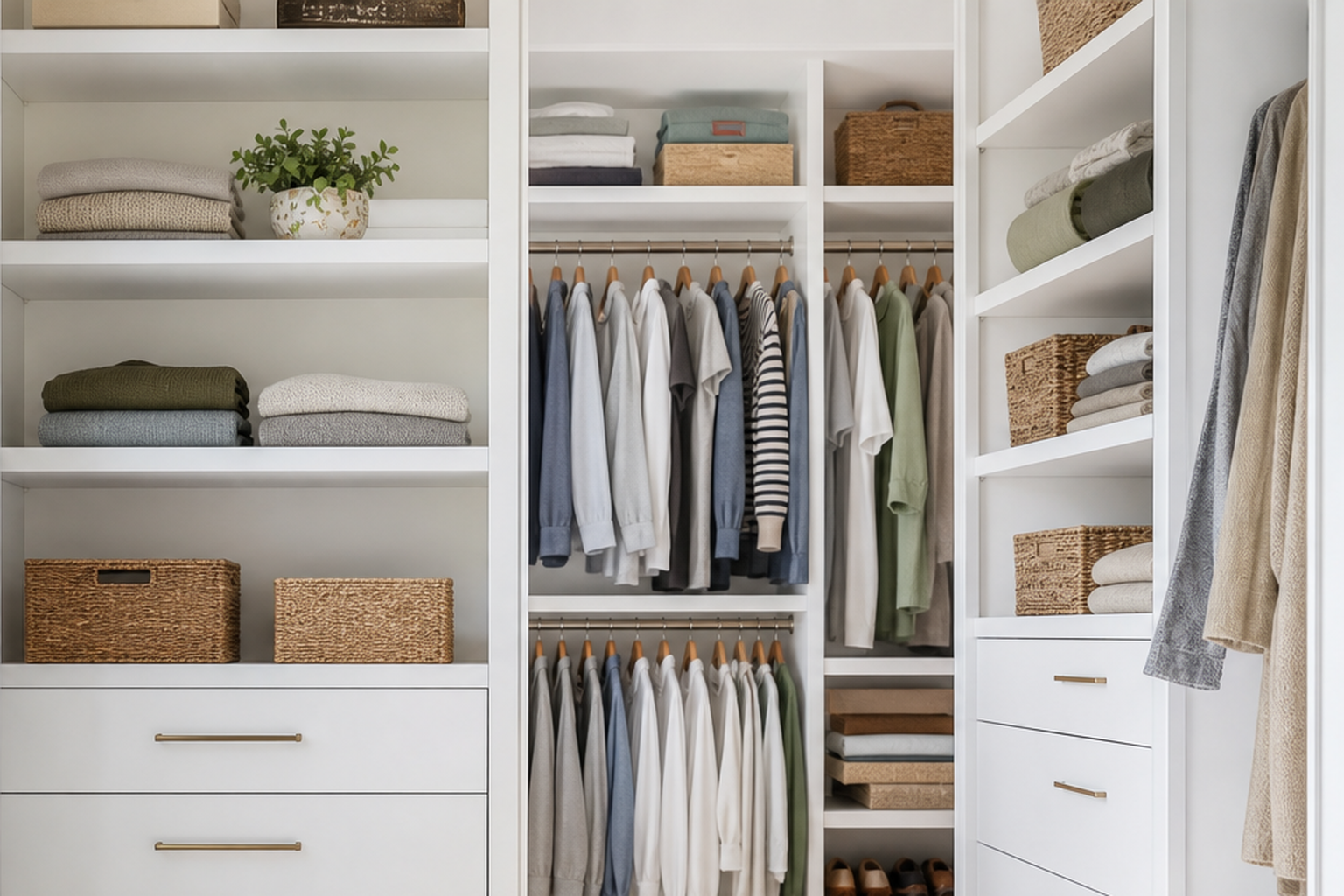 Bright organized closet with folded linens, baskets, and hanging clothes