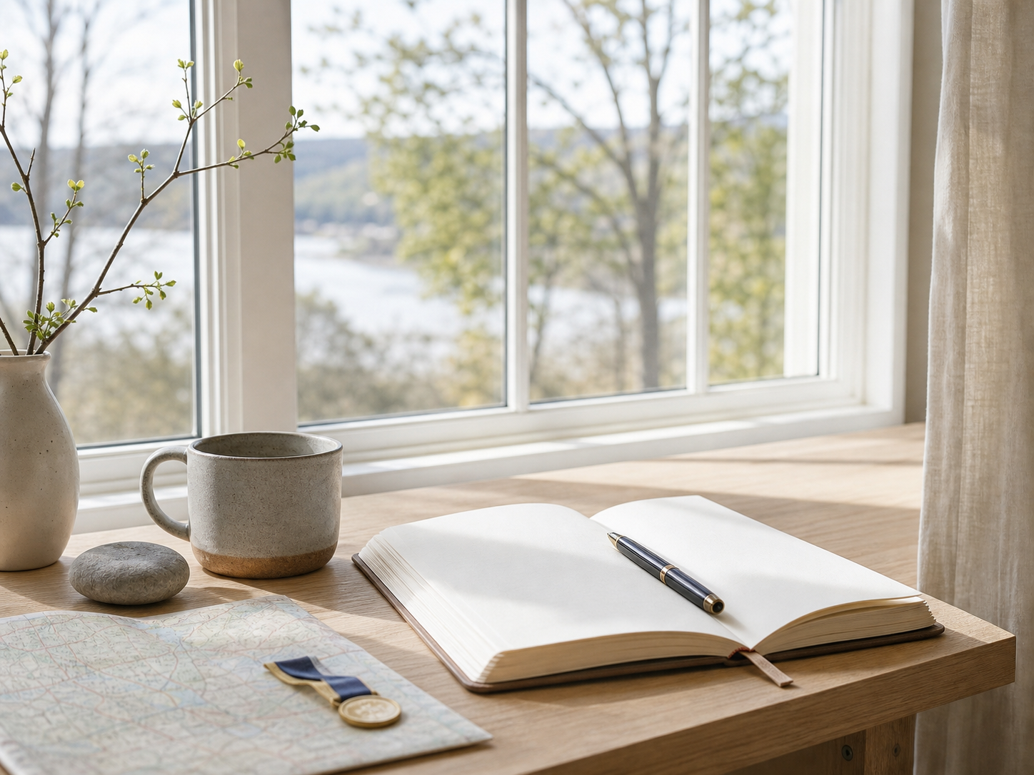 Light Hudson Valley writing desk with a blank notebook, mug, river view, stone, and brass accent