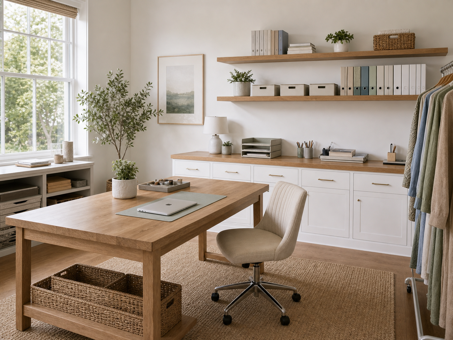 Clean organized small business studio with a work table, shelves, binders, and tidy tools