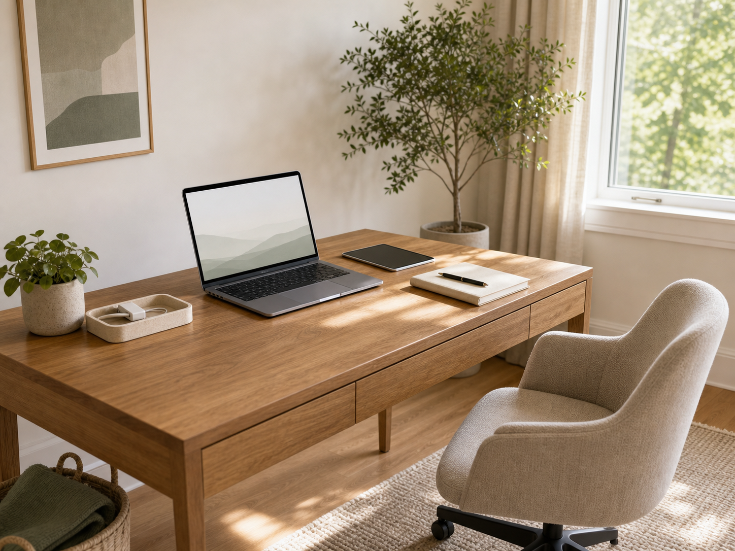 Calm home office desk with a laptop, tablet, notebook, and tidy cable tray