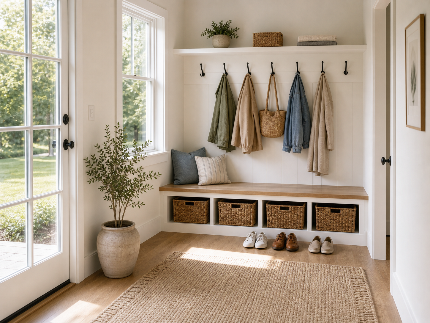 Bright organized mudroom with a bench, coats, shoes, and woven storage baskets