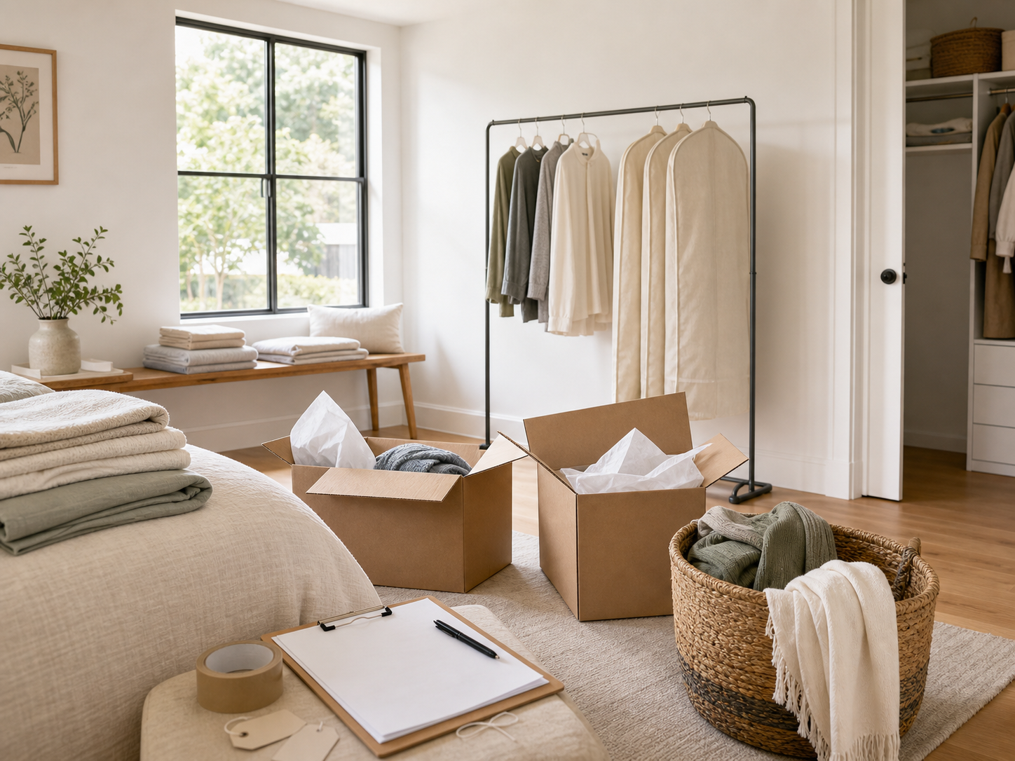 Bright bedroom prepared for moving and listing photos with blank boxes, garment rack, and folded linens