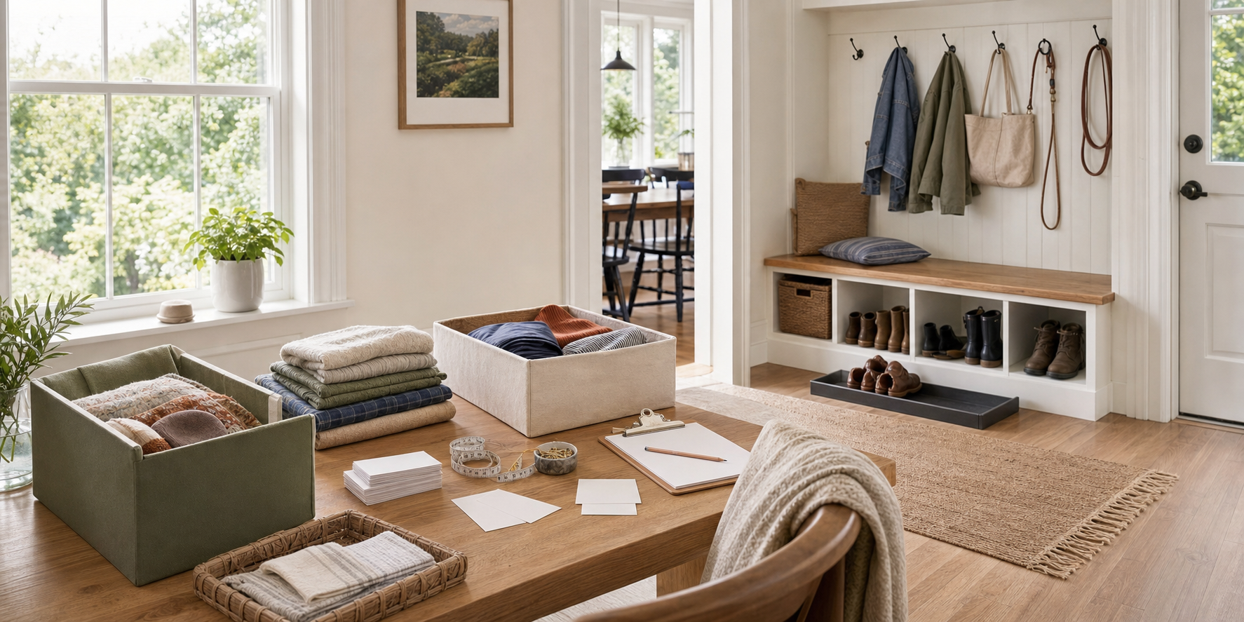 Bright mudroom and planning table with sorted home categories, storage bins, and folded textiles